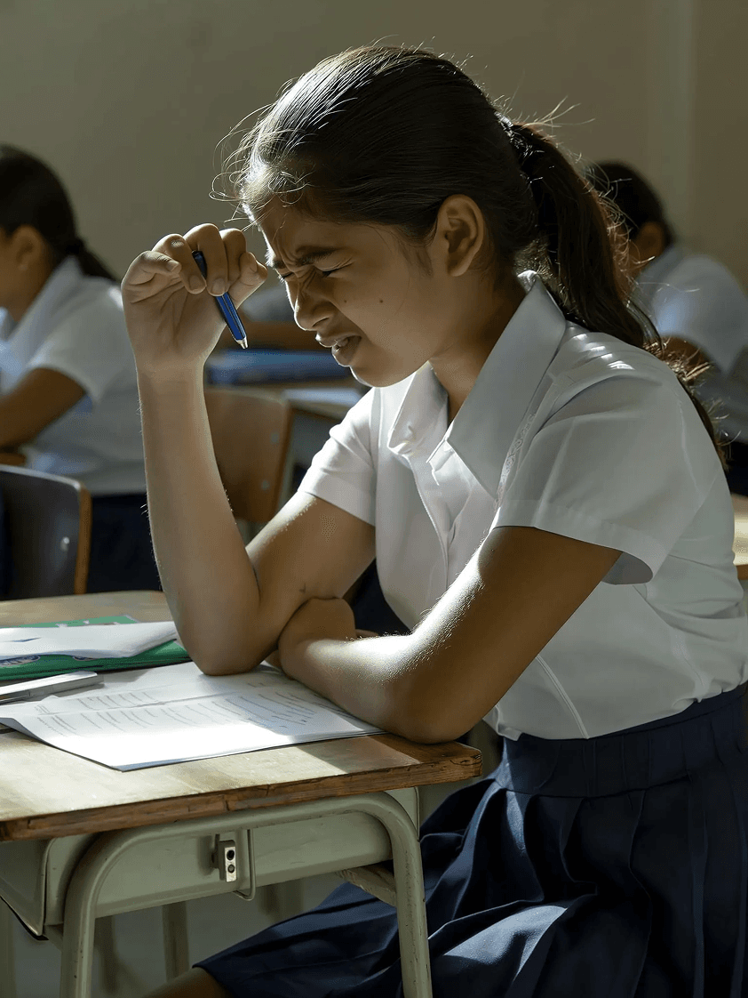 A secondary school student looking stressed over an exam paper in class