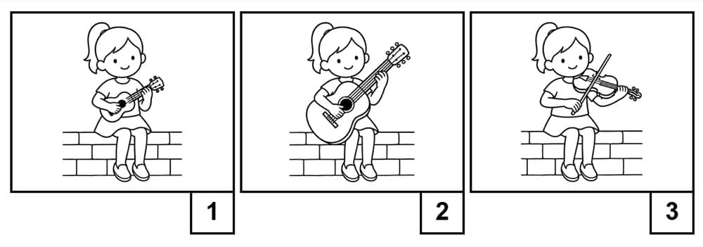 Three pictures to choose from: a girl sitting on a wall playing 1, a ukulele; 2, a guitar; 3, a violin