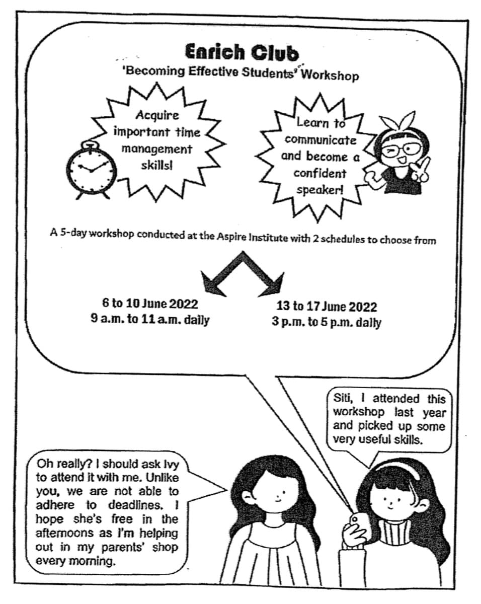 Picture stimulus: a poster for the Enrich Club workshop at the Aspire Institute, with two schedules in June 2022, and Siti and Vani talking about it