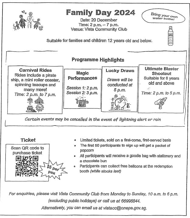 Visual text: a Family Day 2024 poster listing carnival rides, magic performances at 2 p.m. and 3 p.m., lucky draws and ticket details